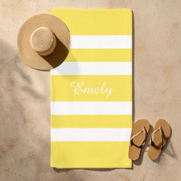 Name Modern Yellow And White Stripes Pattern Beach Towel