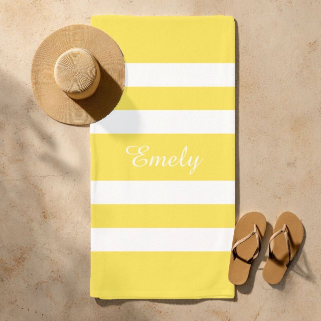 Name Modern Yellow And White Stripes Pattern Beach Towel (Modern Name Yellow Striped Pool Beach Towel)