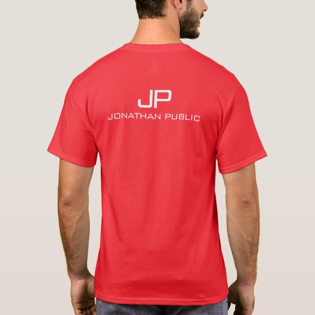 Name Monogram Back Side Design Mens Modern Red T-Shirt (Back)