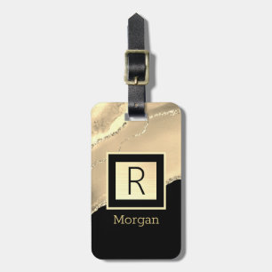Name & Monogram, Black & Gold Box and Agate Luggage Tag