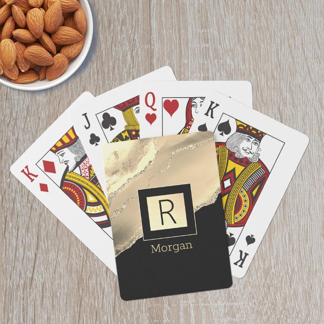 Name & Monogram, Black & Gold Box, Gold Agate Playing Cards (Creator Uploaded)