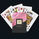 Name & Monogram Black & Gold Box Pink & Gold Agate Playing Cards<br><div class="desc">Personalise your name in gold and monogram in black on trendy black and gold box with pink and gold agate.</div>