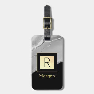 Name & Monogram, Black & Gold Box, Silver Agate Luggage Tag