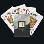 Name & Monogram, Black & Gold Box, Silver Agate Playing Cards<br><div class="desc">Personalise your name in gold and monogram in black on trendy black and gold box with silver agate.</div>