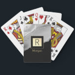 Name & Monogram, Black & Gold Box, Silver Agate Playing Cards<br><div class="desc">Personalise your name in gold and monogram in black on trendy black and gold box with silver agate.</div>