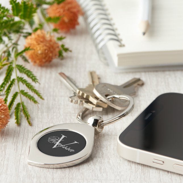 Name Monogram Black Metal Keychain (Side)