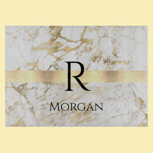Name & Monogram Black Text, White & Gold Marble Cutting Board