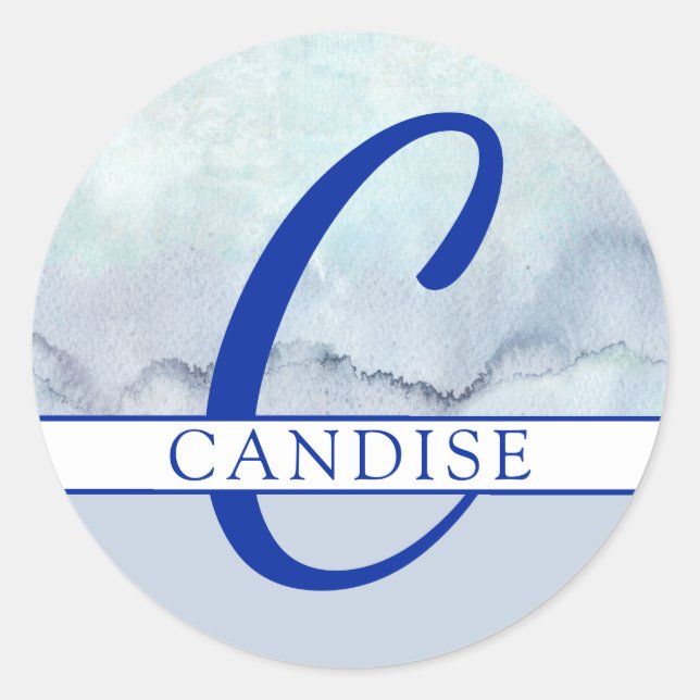 Name | Monogram Blue Watercolor Classic Round Sticker (Front)