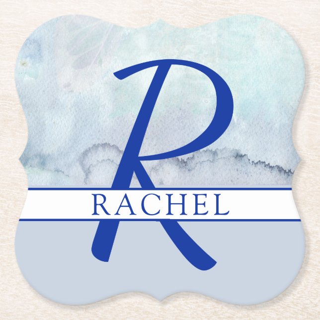 Name | Monogram Blue Watercolor Paper Coaster (Front)