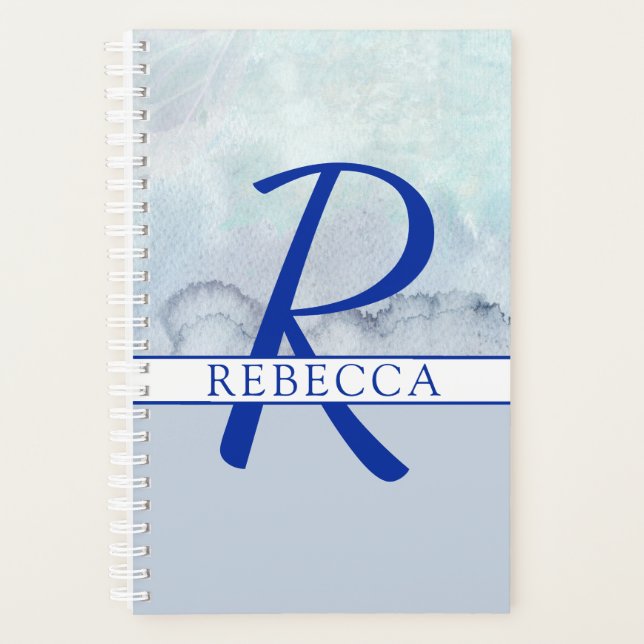 Name | Monogram Blue Watercolor Planner (Front)
