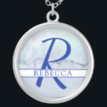 Name | Monogram Blue Watercolor Silver Plated Necklace<br><div class="desc">A pretty name and monogram combo with a blue watercolor background.</div>