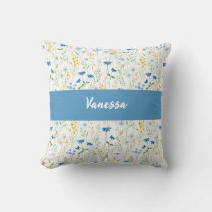 Name Monogram Blue Watercolor Wildflower Cushion