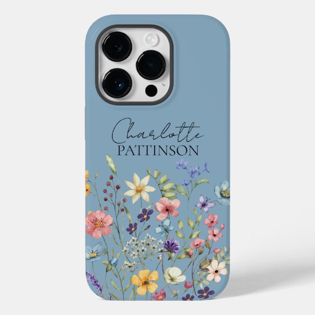 Name Monogram Botanical Wildflower Dusty Blue Case-Mate iPhone Case (Back)