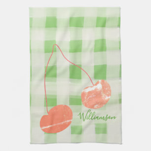 Name Monogram Check Gingham Pastel Green Cherry Tea Towel
