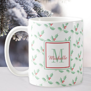 Name Monogram Christmas Holly Coffee Mug