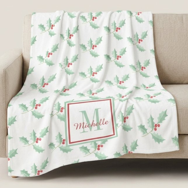 Name Monogram Christmas Holly  Fleece Blanket (Creator Uploaded)