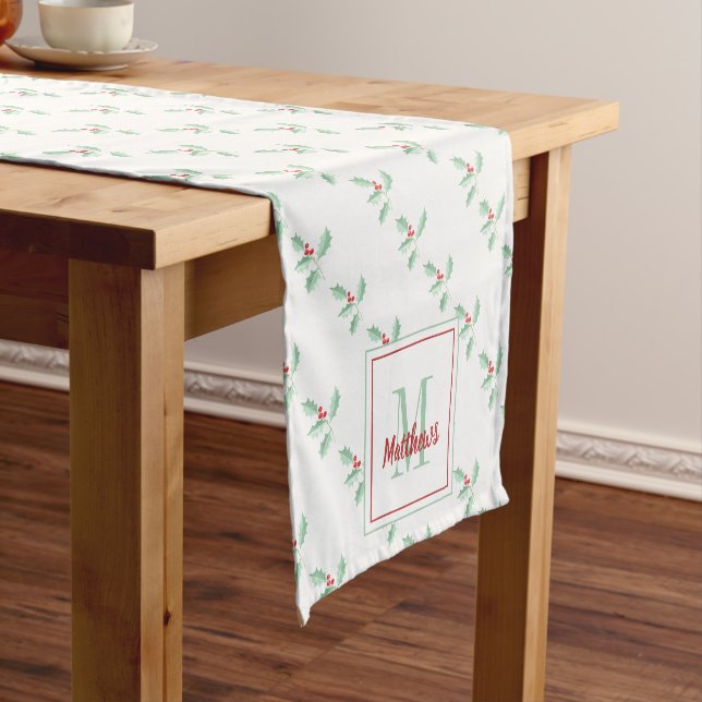 Name Monogram Christmas Holly Short Table Runner (In Situ)