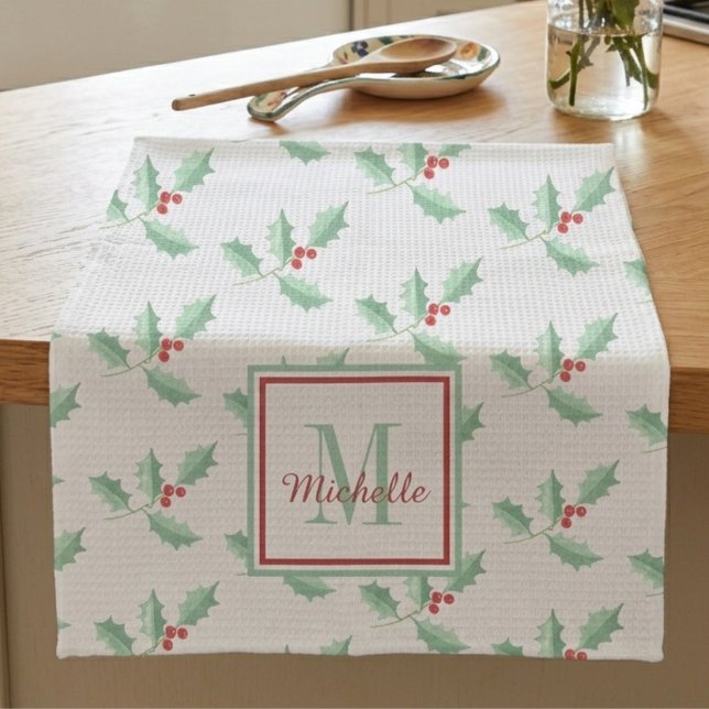 Name Monogram Christmas Holly  Tea Towel (Creator Uploaded)
