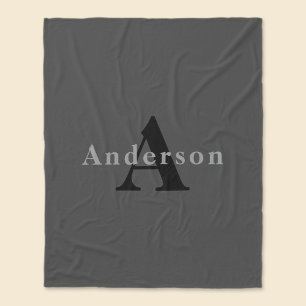 Name & Monogram Dark Gray Fleece Blanket