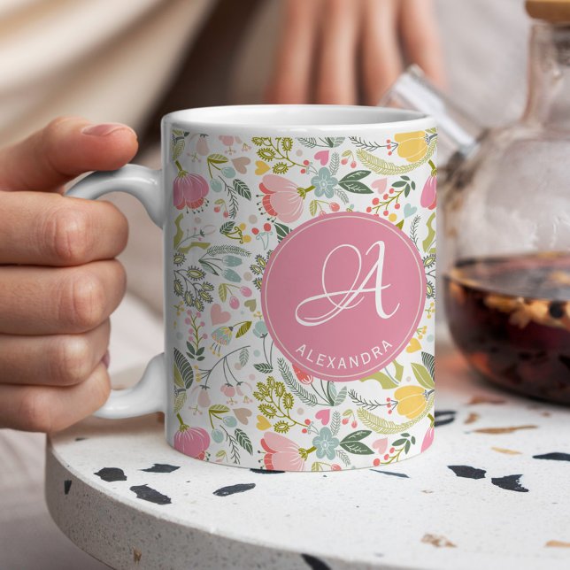 Name monogram elegant girly cute pattern pink mug (Creator Uploaded)