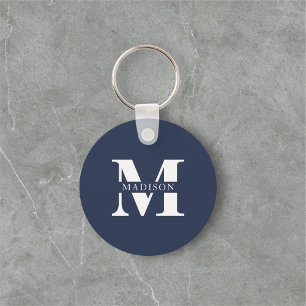 Name Monogram Elegant Navy Blue Key Ring
