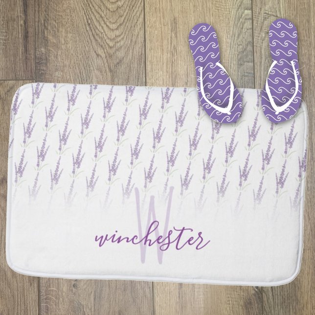 Name Monogram Farmhouse Lavender Flower Pattern Bath Mat (Creator Uploaded)