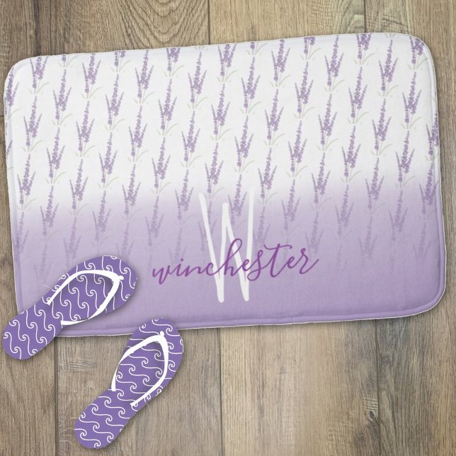Name Monogram Farmhouse Lavender Flower Pattern Bath Mat (Creator Uploaded)