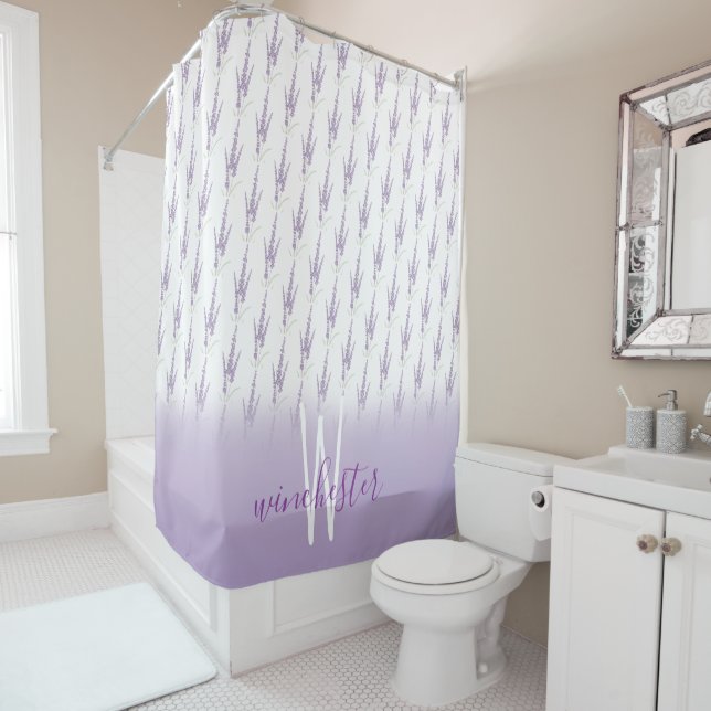 Name Monogram Farmhouse Lavender Flower Pattern Shower Curtain (In Situ)
