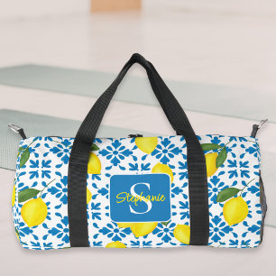 Name Monogram French Country Tile Lemons Pattern Duffle Bag