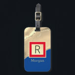 Name & Monogram, Gold Agate, Deep Blue & Red Luggage Tag<br><div class="desc">Personalise your name in gold and monogram in black on gold box and gold agate with deep blue and red.</div>
