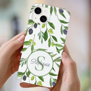 Name Monogram Green Watercolor Olive Pattern iPhone 14 Case