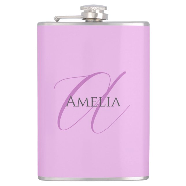 Name Monogram Initial Letter Orchid & Lilac Hip Flask (Front)