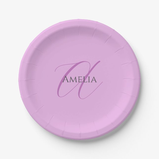 Name Monogram Initial Letter Orchid & Lilac Paper Plate (Front)