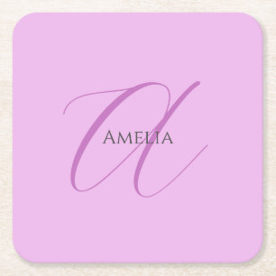 Name Monogram Initial Letter Orchid & Lilac Square Paper Coaster