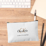 Name monogram initials white black accessory pouch<br><div class="desc">White background,  black and golden text. 
Personalise and add your first name,  monogram initials and full name.</div>