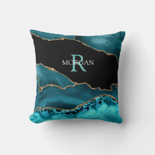 Name & Monogram Lt Teal White, Teal Blk Gold Agate Cushion