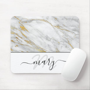 Name Monogram Marble Gold Grey White Abstract Mouse Pad