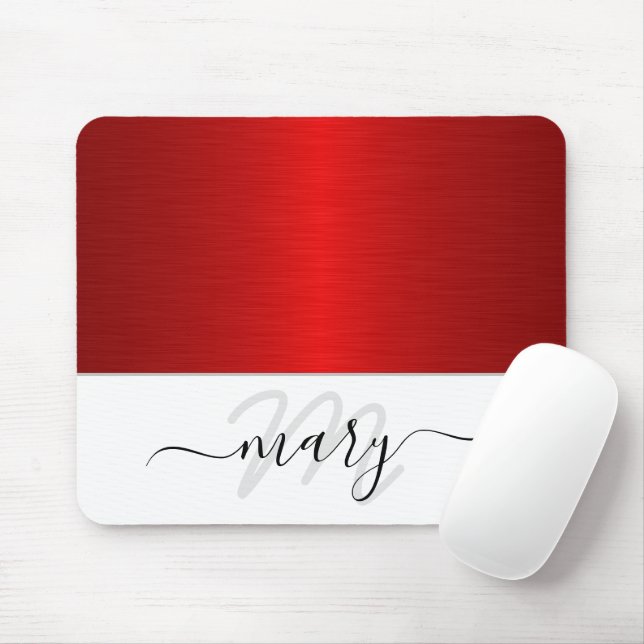 Name Monogram Minimal Red Black White Modern Mouse Pad (With Mouse)