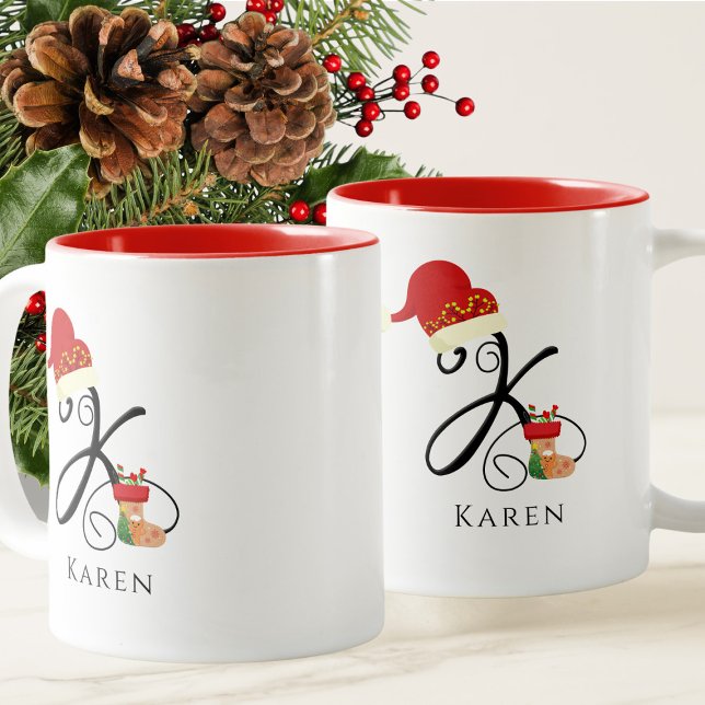 Name Monogram Modern Script Letter K Christmas Two-Tone Coffee Mug (Creator Uploaded)