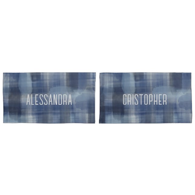 Name monogram navy blue watercolor tartan plaid  pillowcase (Front-Set)