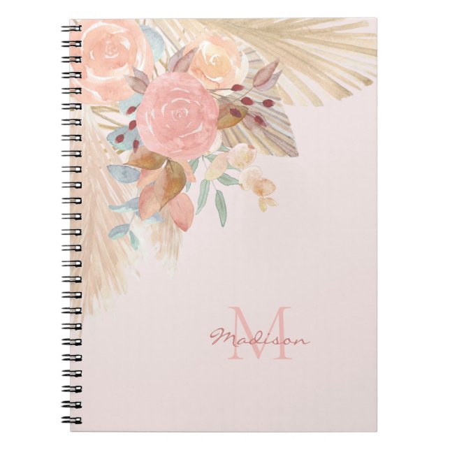 Name Monogram Pampas Grass Rose Gold Florals Notebook (Front)