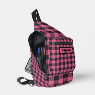 Name Monogram Pink & Black Buffalo Plaid Sling Bag