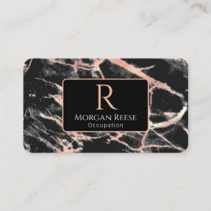 Name & Monogram, QR Code, Black & Rose Gold Marble Business Card