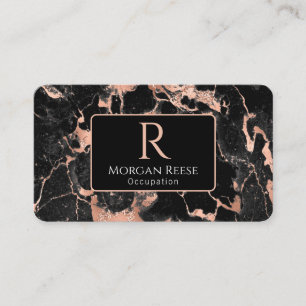 Name/Monogram, QR Code, Black/Rose Gold Marble Vs2 Business Card