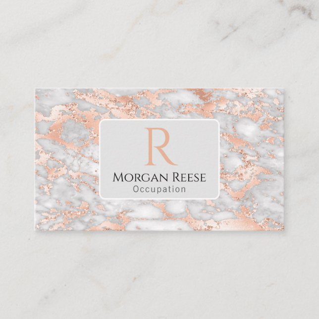 Name & Monogram, QR Code, Grey & Rose Gold Marble  Business Card (Front)