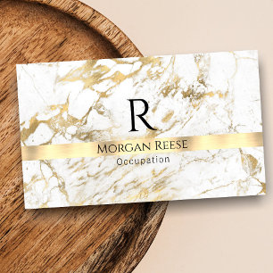 Name & Monogram, QR code, White & Gold Marble Vs 3 Business Card