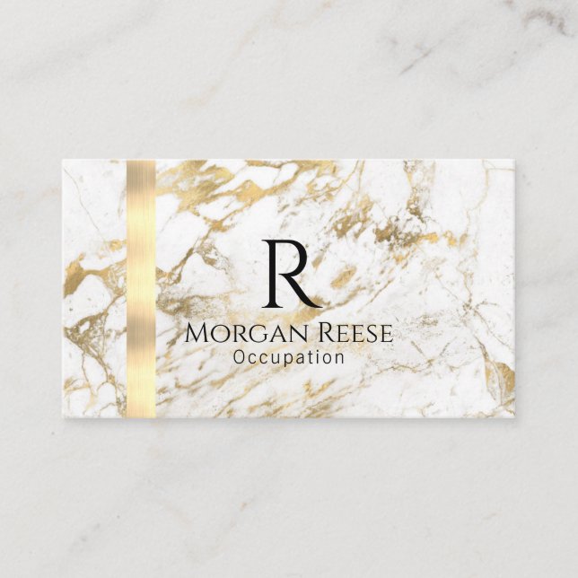 Name & Monogram, QR code, White & Gold Marble Vs 4 Business Card (Front)