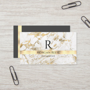 Name & Monogram, QR code, White & Gold Marble Vs 4 Business Card