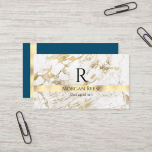Name & Monogram, QR code, White & Gold Marble Vs 5 Business Card