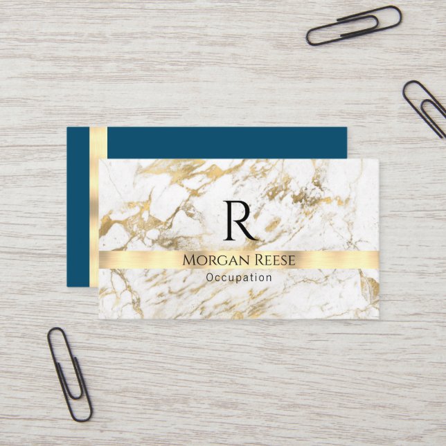 Name & Monogram, QR code, White & Gold Marble Vs 5 Business Card (Front/Back In Situ)